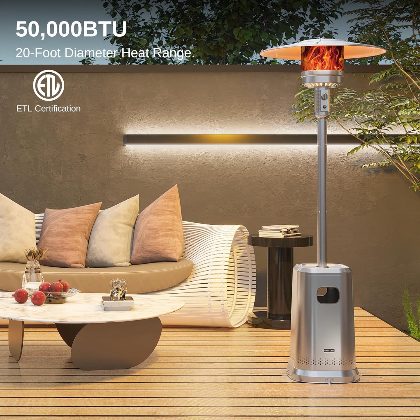 EAST OAK 50,000 BTU Patio Heater with Sand Box, Double-Layer Stainless Steel Burner, Table Design, Safety Protection System, Wheels, Propane Patio Heater for Home and Commercial, Stainless Steel