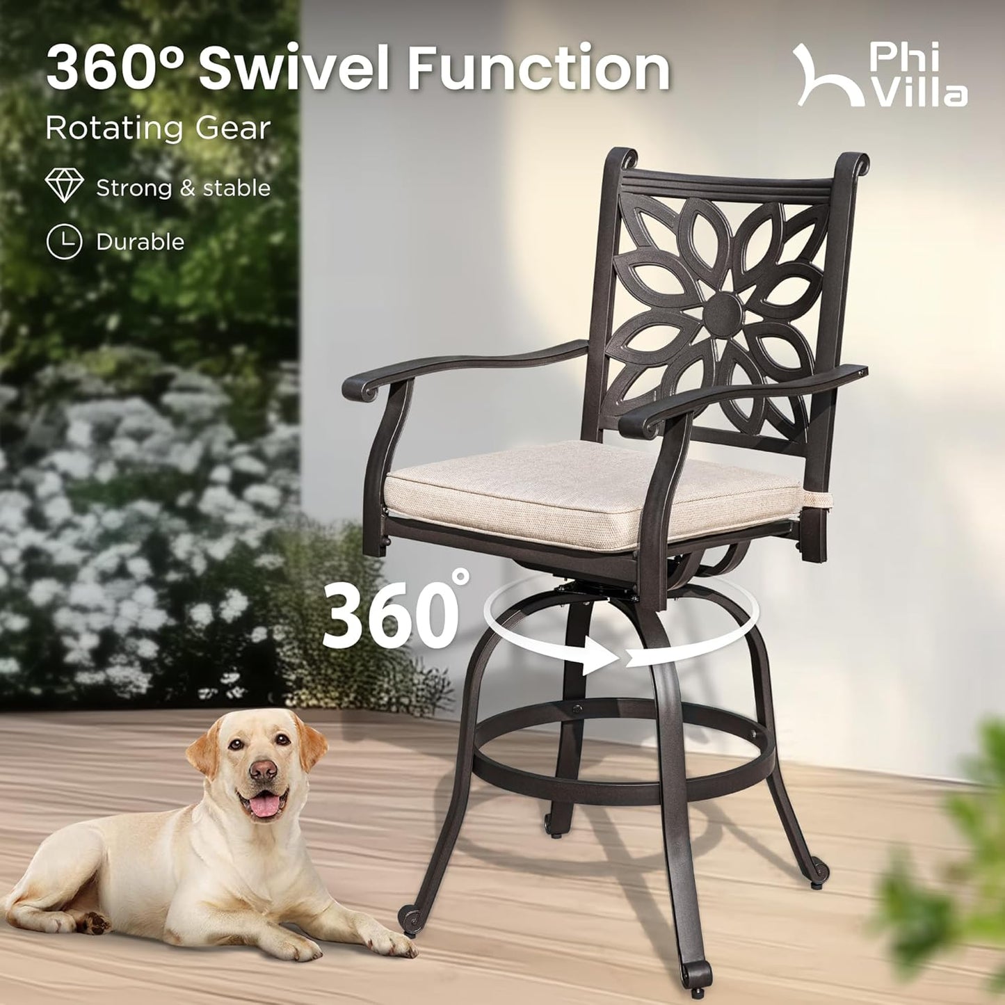 PHI VILLA Outdoor Swivel Bar Stools Set of 2, Cast Aluminum High Top Pub Height Patio Bar Chairs with Seat Cushion