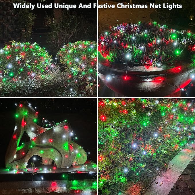 HISHINY Christmas Net Lights Outdoor for Bushes,100LED 5X5ft Connectable Bush Yard Mesh Shrub Net Light Decorations for Party, Holiday, Wedding, Tree,Home Decor(Red White Green)