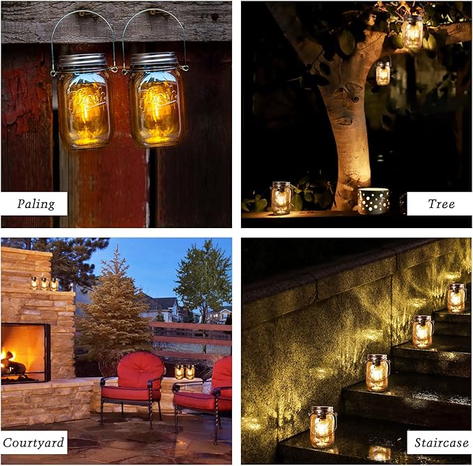 Outdoor Mason Jar Lights Hanging, 2-Pack LED Decorative Garden Lanterns with Timer, Battery Operated Vintage Glass Light for Patio Camping Courtyard Backyard Tree Hallway Stairs Farmhouse (2*Amber)