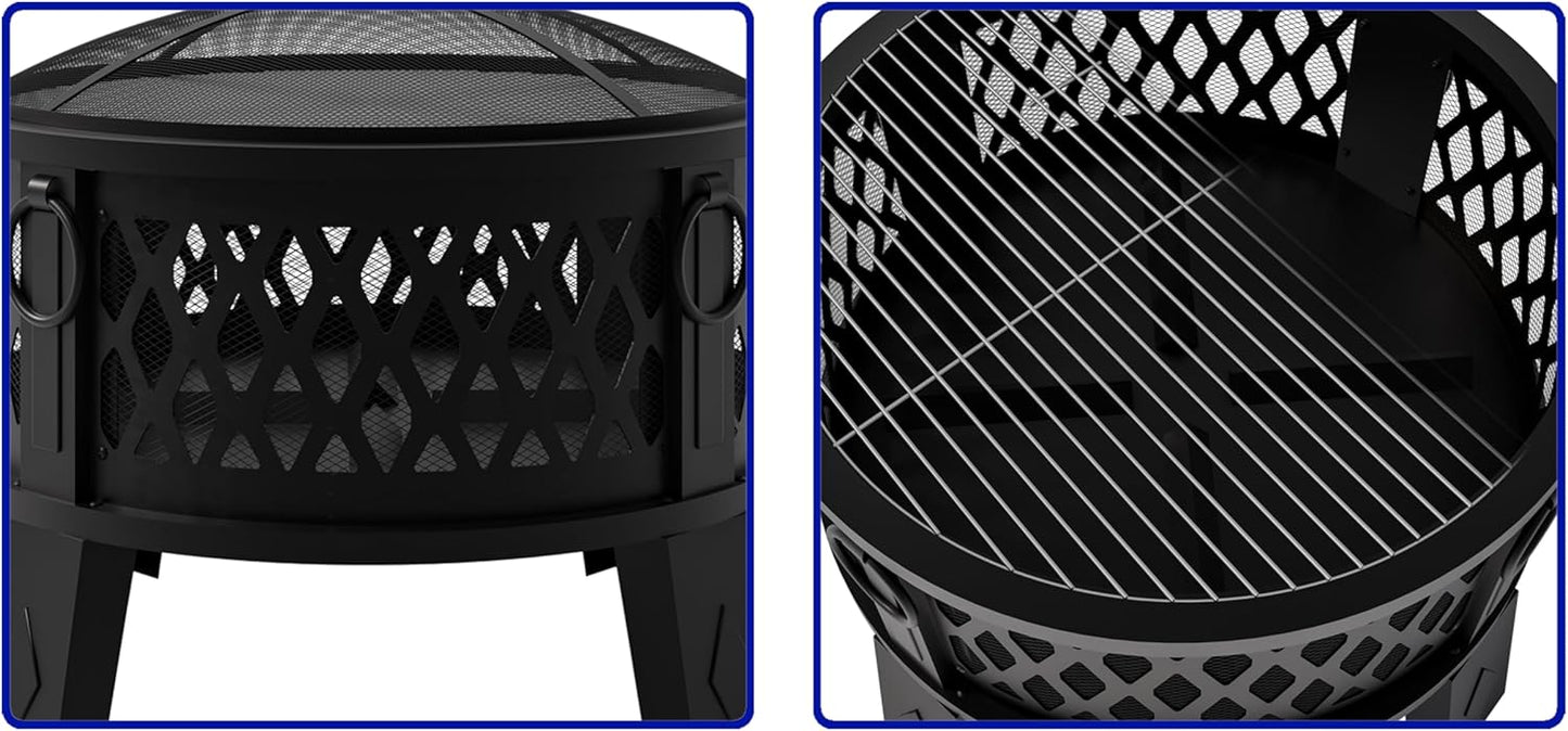 Fire Beauty 26" Steel Fire Pit with Grill & Diamond Mesh Design,360° Airflow Tech for 80% Less Smoke,XL Flames,Heavy-Duty Portable Outdoor Fire Bowl for Camping, Backyard, Beach (22lbs, 4 Handles)