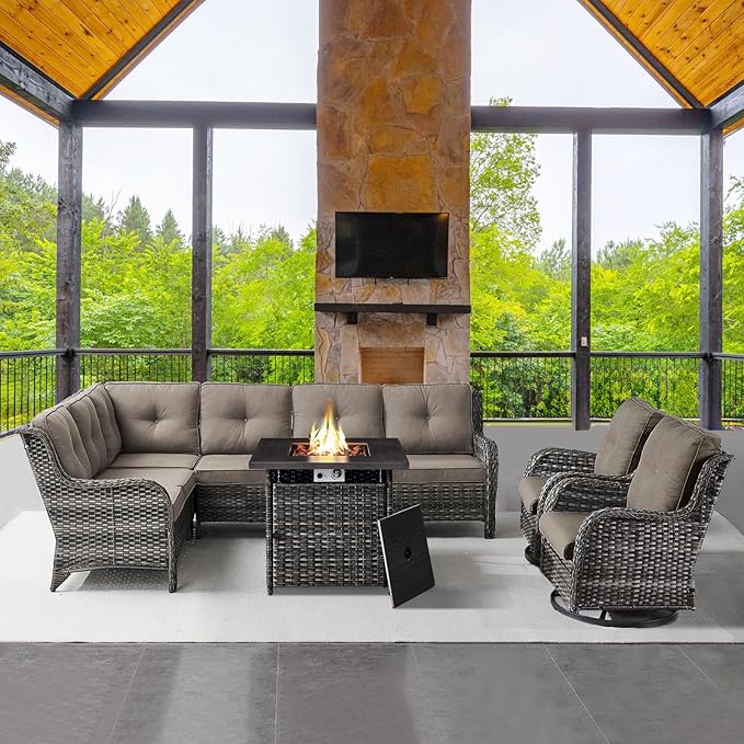 Outdoor Sectional Sofa Furniture Set with Propane Fire Pit Table, Wicker Patio Conversation Set with 2 Swivel Glider Rocker Chairs Grey Cushion Perfect for Backyard Casual Gathering