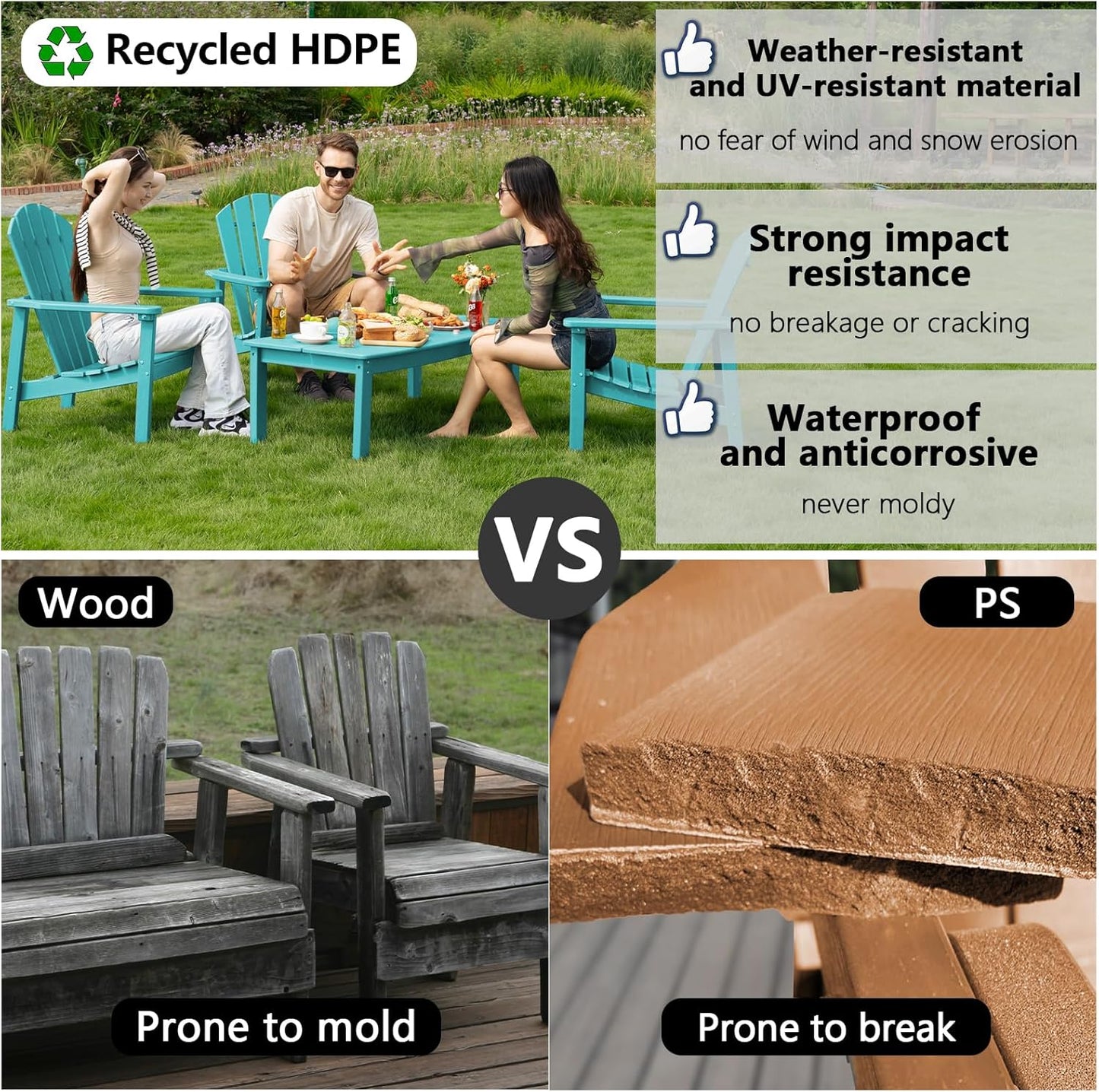 Stackable Adirondack Chair Set of 2, HDPE Outdoor Patio Chair - Durable and Space Saving, Suitable for Porches, Lawns or Garden, Aruba