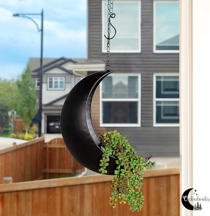 Black Hanging Moon Planter with Drain Holes - Moon Room Decor - Unique Planters for Succulents,Air Plant, Cactus, Artificial Plants- Plant Lover Gifts - Boho,Hippie, Birthdays,Witchy Gifts for Women