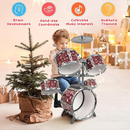 Kids Drum Set for Toddlers 1-3 Musical Jazz Drum with Stool Toys for 2-5 4-6 5-7 Boys Girls Birthday, Red