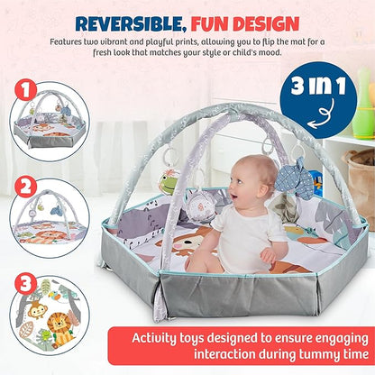 Henry & Colin Baby Activity Play Gym Mat with Hanging Toys, Soft Padded Mat, Sensory Development Play Area for Newborns and Infants, Convertible Play Center for Tummy Time and Fun Learning (Blue)