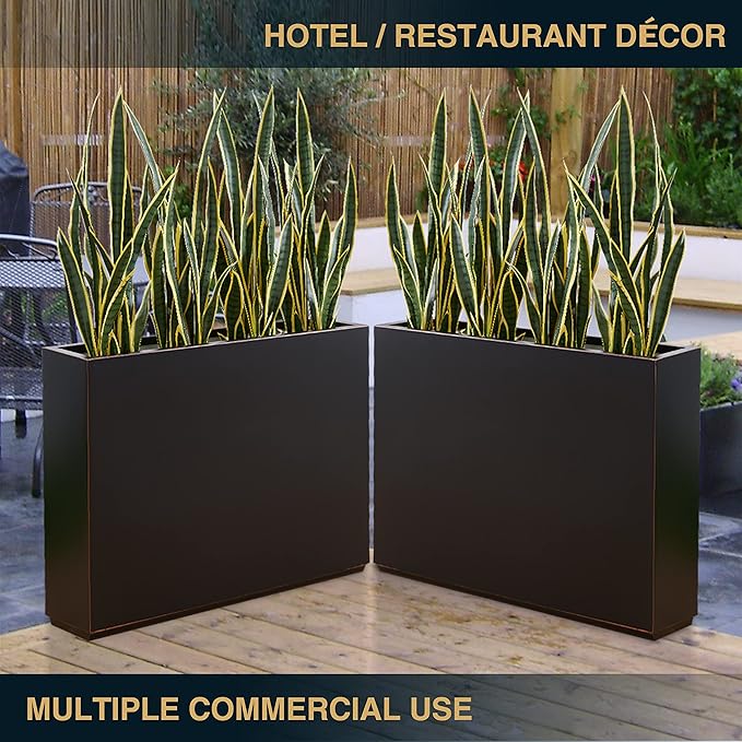 Metallic Heavy Planter for Outdoor Plants, 38Lx10Wx30H Inches Tall and Long Metal Divider Planter Box with Hand Brushed Gold Edge for Outside & Indoor, No Assembly (Black)