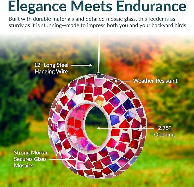 Sunnydaze 6-Inch Glass Mosaic Hanging Bird Feeder for Outdoors - Fly-Through Wild Bird Feeder - Crimson Mosaic