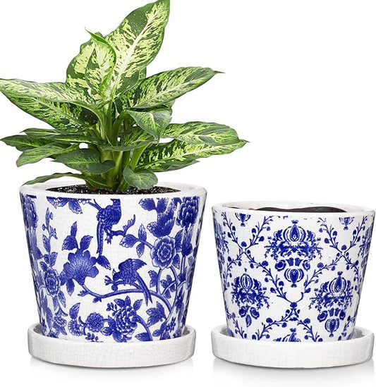 Blue and White Ceramic Pots for Plants, 4.8" + 5.5" Decorative Plant Pots Round Ceramic Planters for Indoor Plants Pots with Drainage Hole Saucers, Retro Planter Pot for Succulents Cactus Flower Pots