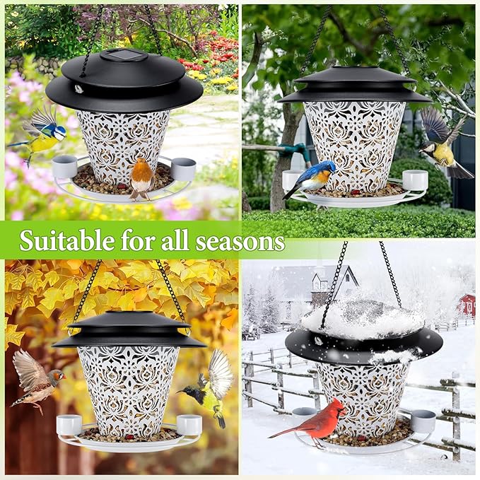 Solar Bird Feeders for Outside Hanging Metal Wild Bird Feeder Solar Lanterns Outdoor Waterproof Garden Decor for Yard White