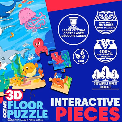 3D Ocean Floor Puzzles for Kids – Extra-Large 48 Piece Floor Puzzle for Kids Ages 3-5 & 4-6 | Jumbo Floor Puzzle with 7 Stand-Up Sea Animals, Big 5" Pieces | Educational Toddler Floors Puzzle Gift