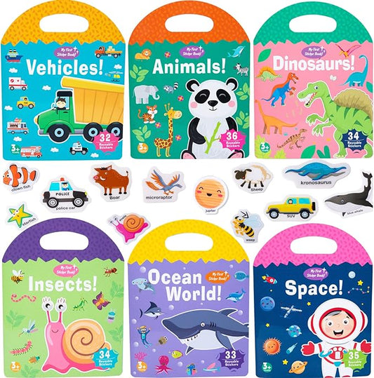 6 Pack Jelly Reusable Sticker Books for Toddlers 1-3 2-4 Years, Portable Travel Toys Sticker Activity Book for Kids 2 3 4 Year Old Girls Boys, Animal Insect Dinosaur Ocean Space Car