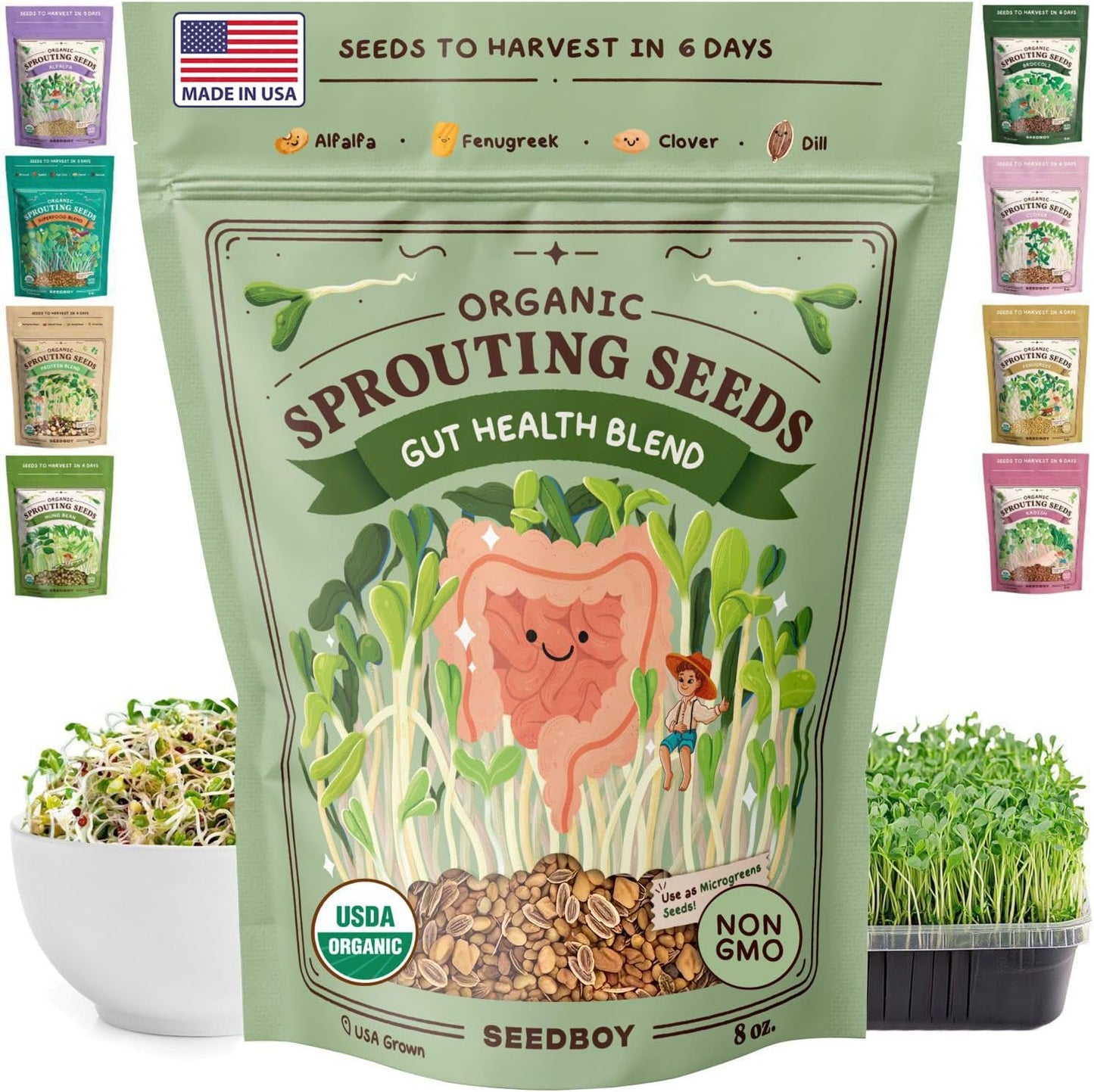 Seedboy Organic Sprouting Seeds - Gut Health Blend - Non-GMO, USA Grown Microgreens Mix - Clover, Alfalfa, Fenugreek, Dill - Makes 8 Quarts of Sprouts, 24 Servings (8 oz) (Gut Health Blend)