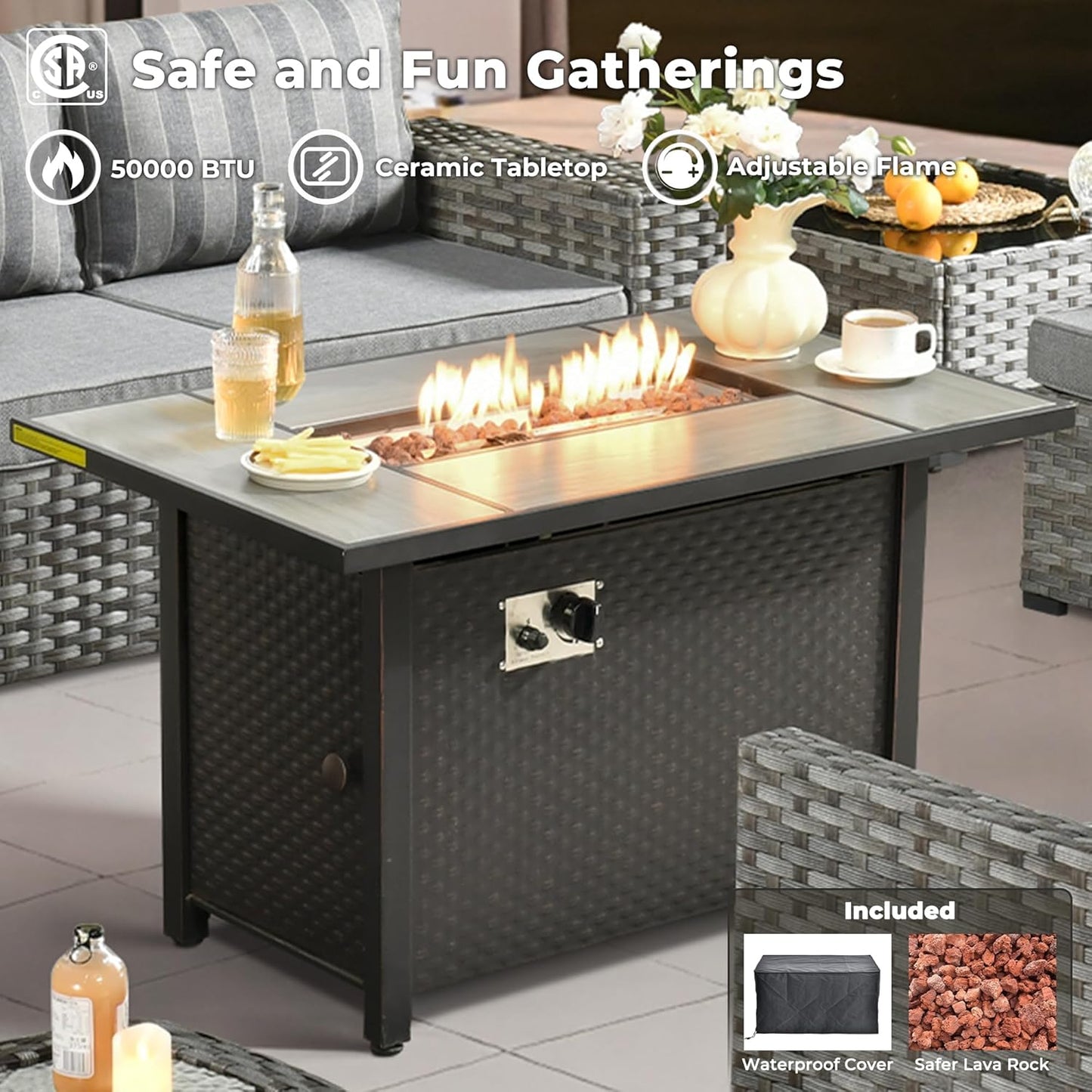 ovios 10 Pieces Patio Furniture Set, Outdoor Wicker Sectional Sofa with 42" Fire Pit Table Swivel Chairs, Modern Modular Deep Seat Rattan Couch Conversation Sets, Dark Gray Stripe