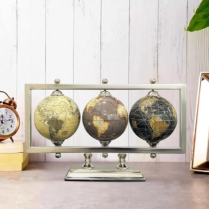 Rely+ Set of 3 4'' World Globes Sturdy Metal Silver Stand Rotating Desktop Globe For Geographic Home Decorative Desk Table Office Gift - Book Shelf Decor World Globe - Landscape