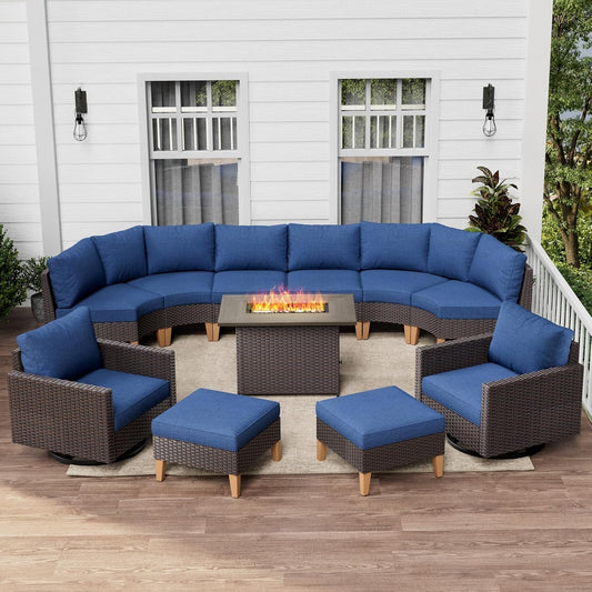HUMMUH Patio Furniture Set with Fire Pit Table,Outdoor Sectional Couches Swivel Patio Chairs and Ottomans,All Weather PE Wicker 11 Pieces Patio Conversation Sets for Garden Porch Backyard in Blue