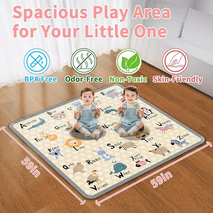 Baby Play Mat for Floor 59x59, Soft Portable, Non-Slip Crawling Mat Machine Washable Foldable Playmate for Babies,Toddlers, Infants Indoor/Outdoor Use, Alphabet & Animal Design
