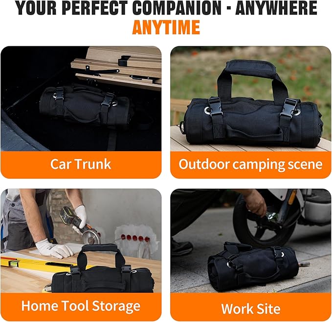 Portable Foldable Roll-Up Waterproof Tool Bag Organizer with 5 Compartments & 2 Detachable Pouches, Heavy-Duty Tool Pouch Bag, Dad Men Electrician Mechanic Gifts