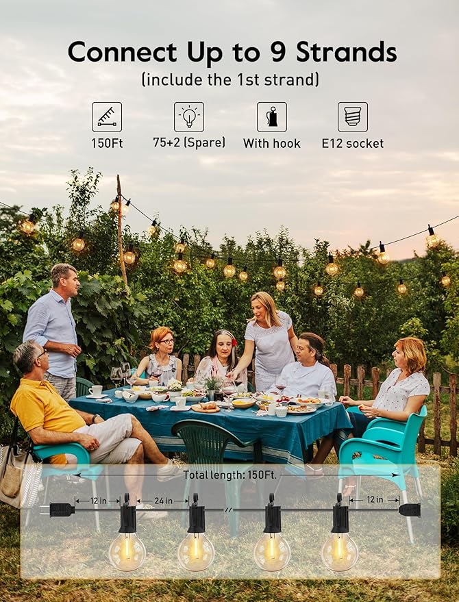 Brightown LED Outdoor String Lights - 150FT Patio Lights with 75 Shatterproof Clear Dimmable Edison Bulbs, Waterproof Connectable Hanging Lights for Outside Backyard Porch Party Christmas Decoration