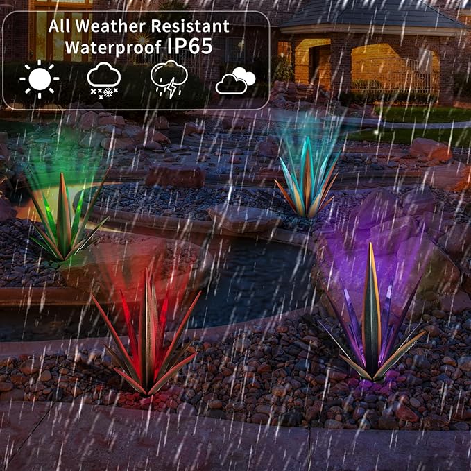 Large Tequila Rustic Sculpture, Rustic Metal Agave Plants for Outdoor Patio Yard, Home Decor Hand Painted Metal Agave Garden Yard Statue, Outdoor Lawn Ornaments (Black - L (W/Solar Light))