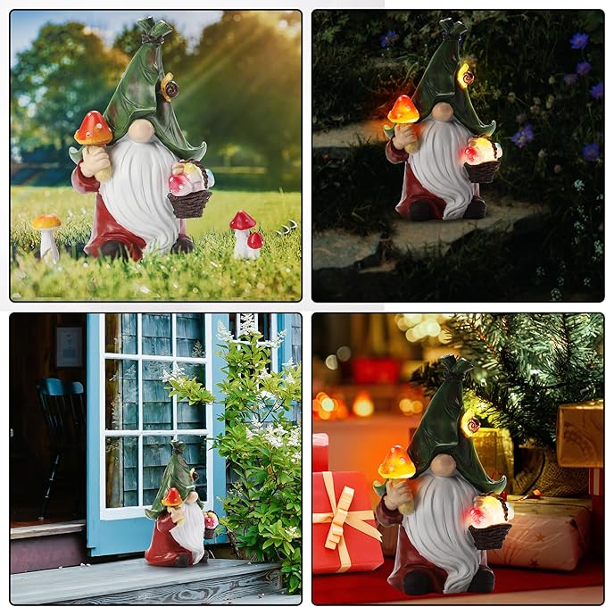 Mushroom-Picking Gnome Solar Garden Statue with 3 LED Lights, Set with 1 Gnome and 2 Small Mushroom, Lovely Garden Gnome Set for Patio, Yard, Lawn Ornament, Outdoor Decor