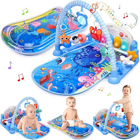 Baby Gyms Play Mats with Tummy Time Water Mat, Baby Activity Mat Play Piano Gym with 5 Sensory Toys for Babies, Music & Lights Boy & Girl Gifts for Newborn Babies 0-3 4-6 6-9 6-12 Months