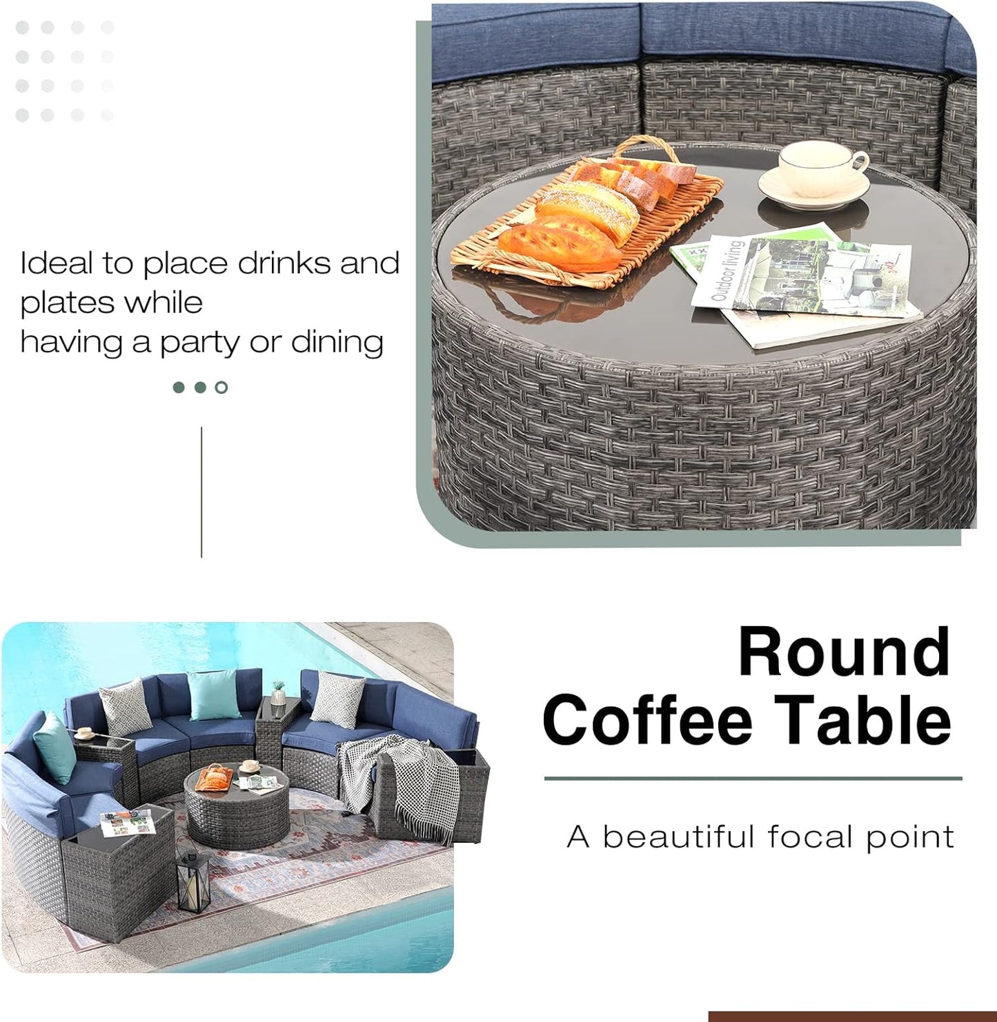 SUNSITT Outdoor Patio Furniture 11-Piece Half-Moon Sectional Round Patio Furniture Set Curved Outdoor Sofa with Tempered Glass Round Coffee Table, 4 Pillows, Grey Rattan & Denim Blue Cushion