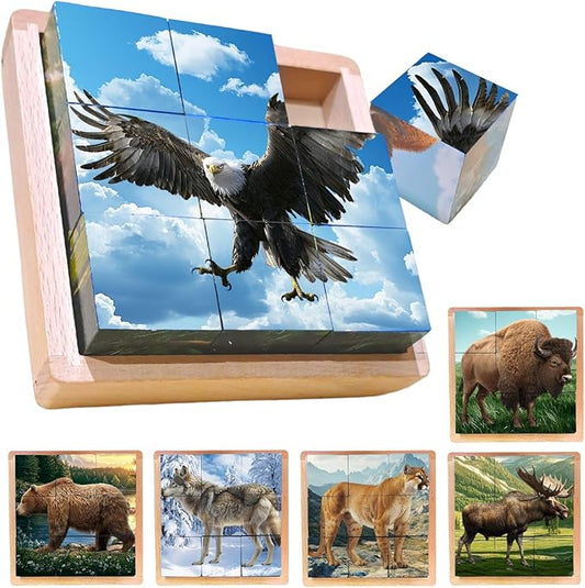 Wooden Cube Puzzle of Native North American Animals | Wooden Puzzles for Kids & Toddlers Ages 3 4 5 6 7 8