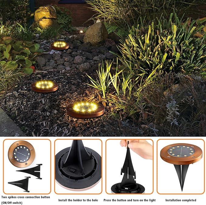 Solar Ground Lights Outdoor Waterproof Flat Garden Solar Disk Lights Outdoor Floor Lights 12 LED 4 Pack for Garden Patio Pathway Landscape Driveway Yard Path Decor
