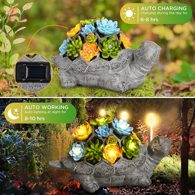 SIX FOXES Solar Garden Outdoor Statues Turtle with Succulent LED Lights - Large Size XXL(10.2×4.3×5.9 inches), Gifts for Mothers Day Mom Gifts for Women Grandma Wife