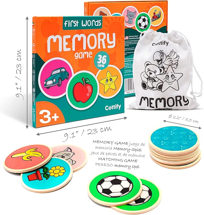 Montessori-Inspired Wooden Matching Game for Toddlers 2-4 Years - Durable, Scratch-Resistant 36 Card Set, Includes Carry Bag - Memory Game for Toddlers 2-4 Years - Cognitive Verbal Skills Development