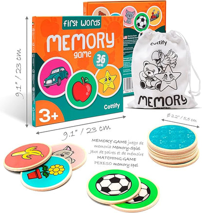 Montessori-Inspired Wooden Matching Game for Toddlers 2-4 Years - Durable, Scratch-Resistant 36 Card Set, Includes Carry Bag - Memory Game for Toddlers 2-4 Years - Cognitive Verbal Skills Development