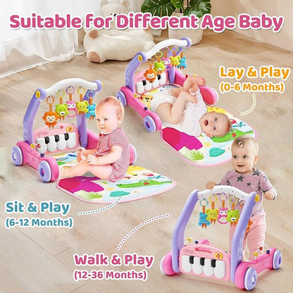 2 in 1 Baby Gym Play Mat with Walker, Kick and Play Piano Gym Activity for Boys Girls, Musical Activity Center Tummy Time Mat for 0-3-6-12-18 Months, Learning Walker Play Gym for Infant Toddler Gift