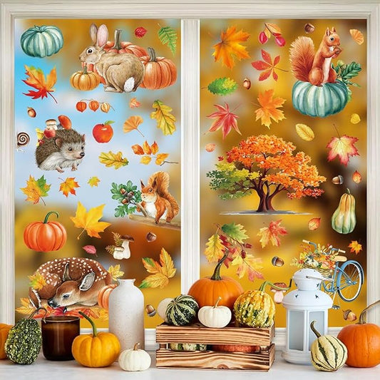 9 Sheets Fall Window Clings Cartoon Rabbit Hedgehog Squirrel Animals Pumpkin Leaves Design Autumn Windows Clings for Glass Thanksgiving Windows Stickers Decor for Home Office Bedroom