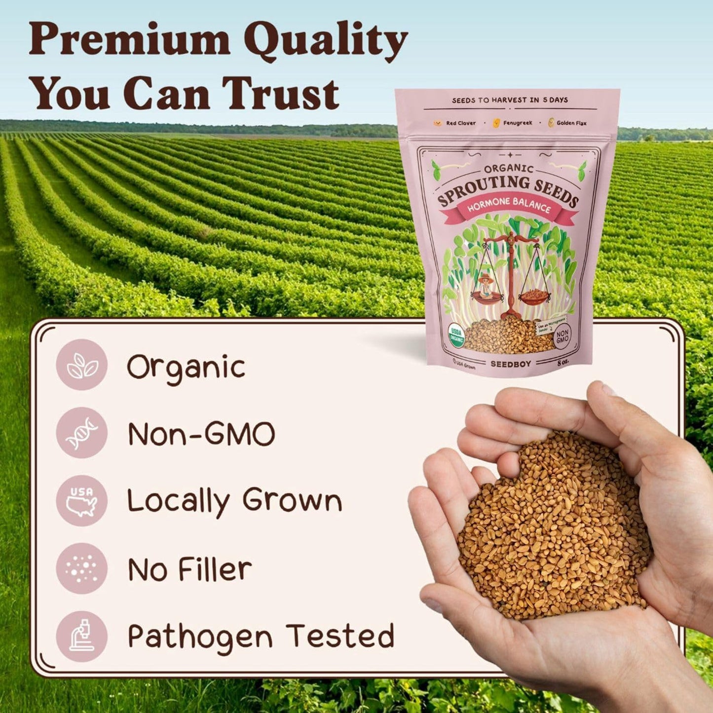 Seedboy Organic Sprouting Seeds - Hormone Balance Blend - Non-GMO USA Grown Microgreens Mix - Golden Flax, Red Clover, Fenugreek - Makes 8 Quarts of Sprouts, 24 Servings (8oz) (Hormone Balance Blend)