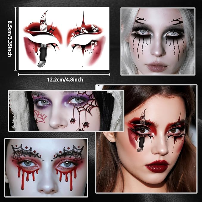 Halloween Bloody Eyeliner Temporary Tattoos for Adults, 16 Pairs Blood Red Eyes Fake Tattoos, Gothic Spooky Designs with Spiders Web, Bats, Skulls, Bloody palm