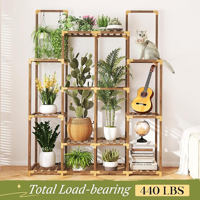 EnHomee Tiered Plant Stand Indoor Outdoor Wood Plant Shelf with 10 Potted & Double Rod Large Plants Holder Load-Bearing 440 LBS Plants Shelves Table 44.8''W*11.6''D*47''H