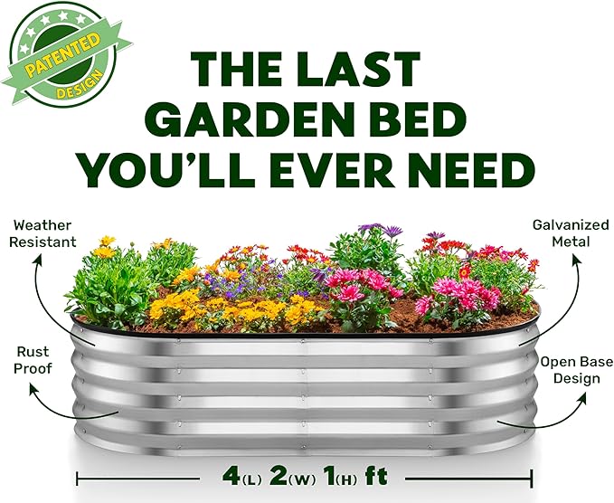 Galvanized Raised Garden Beds Outdoor // 4×2×1 ft Planter Raised Beds for Gardening, Vegetables, Flowers // Large Metal Garden Box (Silver) // Patented Tool-Free Design