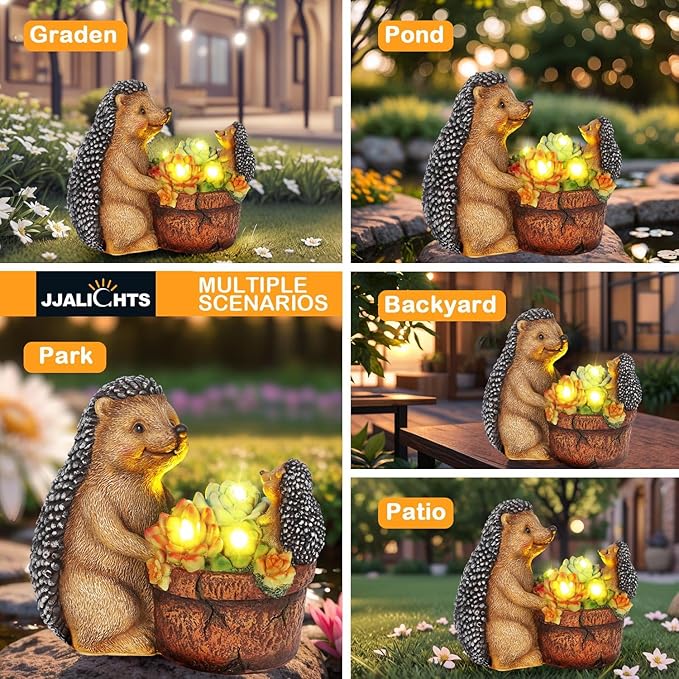 Succulent Hedgehog Garden Statues with Solar Outdoor Lights for Garden Decor, Animal Figurines Resin Outdoor Statues, Garden Gifts for Women Mom Lawn Ornaments for Patio Yard Decor