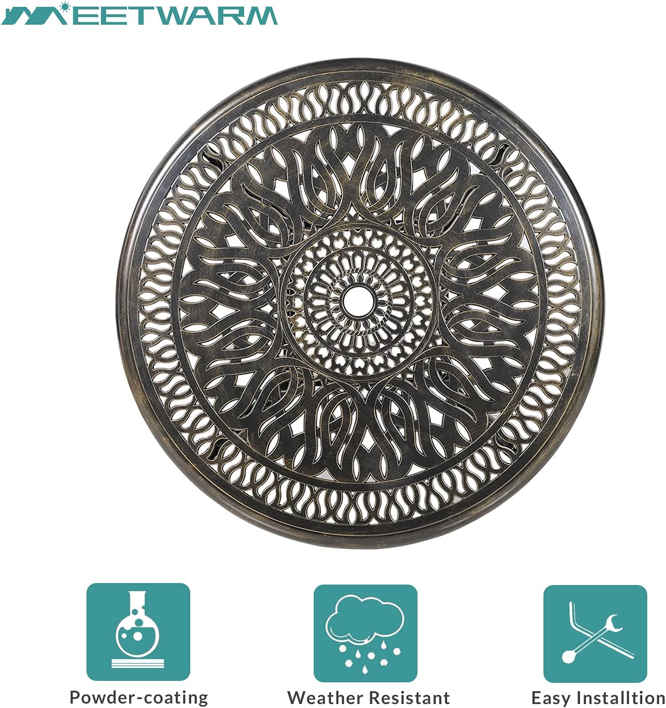 MEETWARM 3 Piece Patio Bistro Set, Outdoor All-Weather Cast Aluminum Dining Furniture Set Includes 2 Chairs with Cushions and a 35.4” Round Table with Umbrella Hole for Garden Deck