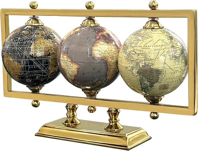 Rely+ Set of 3 4'' World Globes Sturdy Metal Gold Stand (NOT PLASTIC!) - Rotating Desktop Globe For Geographic Home Decorative Desk Table Office Gift - Book Shelf Decor World Globe - Landscape