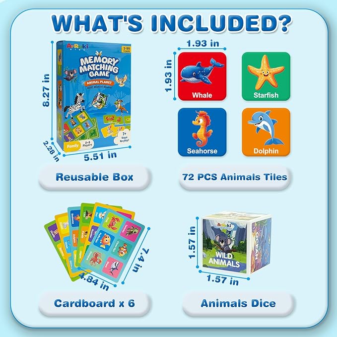 72 PCS Animals Memory Matching Game for Kids, Animal Theme Board Game for Toddlers, Memory Cards Concentration Game for Ages 3 and Up