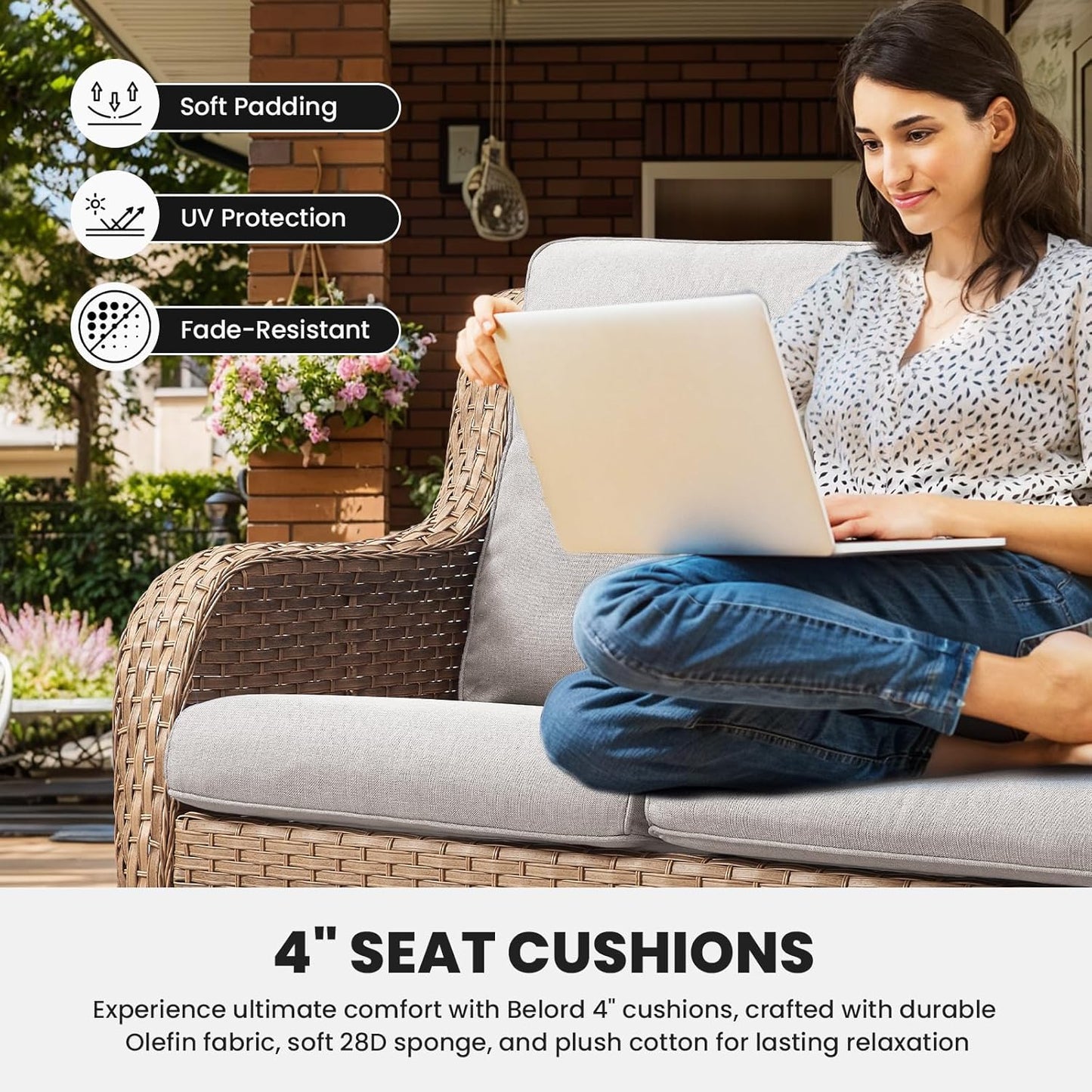 Outdoor Loveseat Patio Couch - 500 Lbs Weight Capacity Wicker Loveseat with High Backrest Wide Armrest, Small Patio Furniture Rattan 2 Seater Sofa for Balcony Deck Proch Poolside Yellow