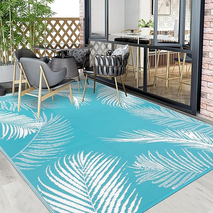 Pauwer Waterproof Outdoor Rug 8x10, Reversible Plastic Straw Patio Camping Rug, Indoor Outdoor RV Mat Carpet for Deck, Camper, Porch, Balcony, Backyard, Picnic, Leaf Teal
