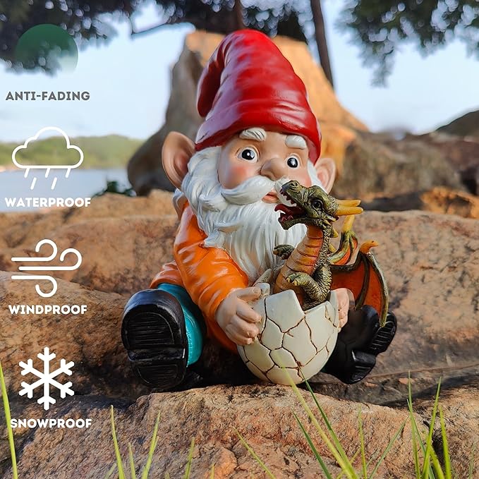 Fantasy Dragon Gnome Garden Statue - 6.8" Weatherproof Resin Garden Gnome with Baby Dragon, Unique Outdoor & Indoor Decor, Handcrafted Yard Art, for Fantasy Lovers & Gardeners