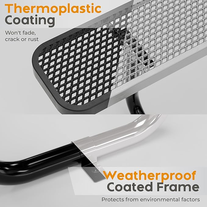 Metal Picnic Tables for Outdoors with Umbrella Hole - Coated Steel Heavy Duty Commercial Grade Table with Adjustable Seats (Black, 46 in, Square with Back, Expanded Steel)