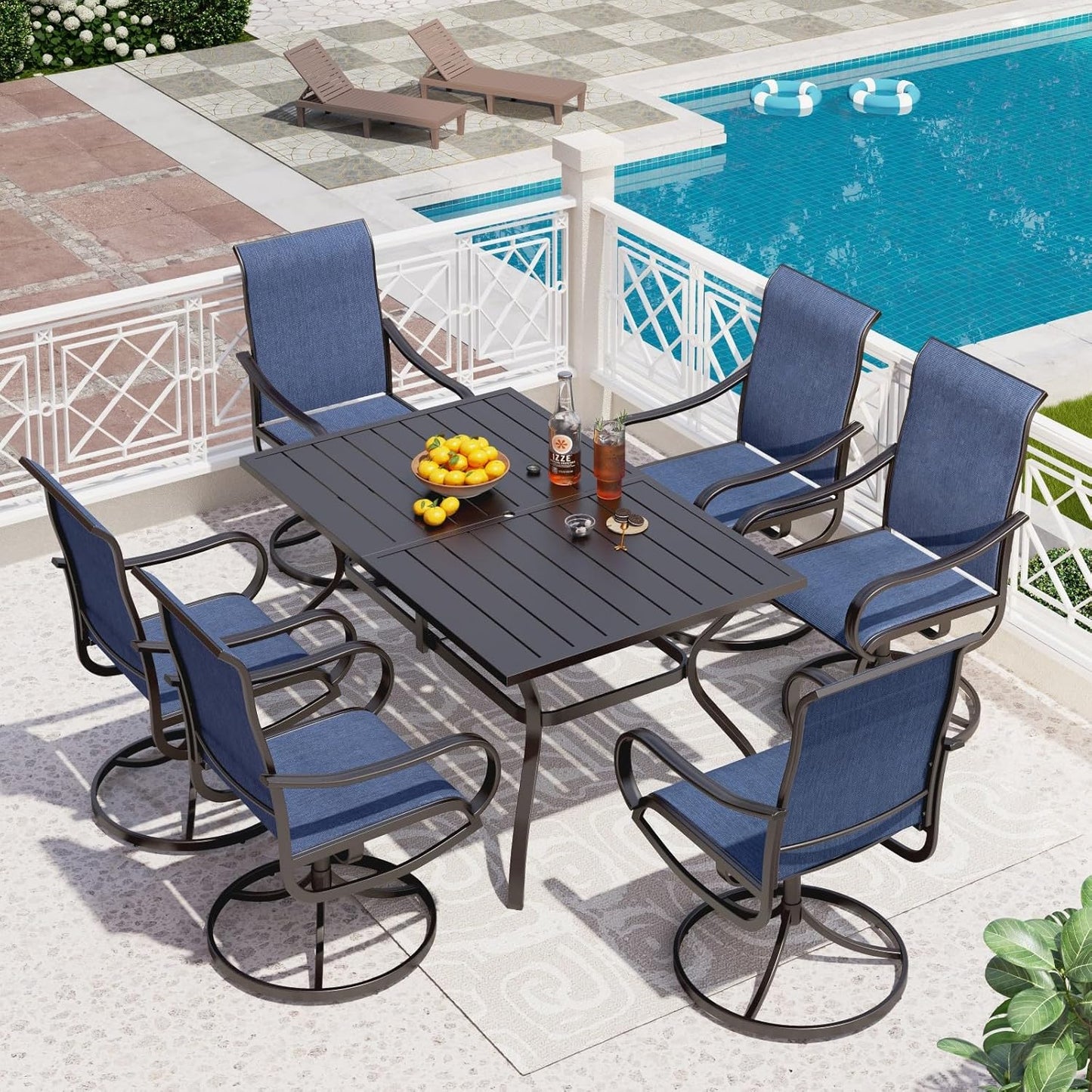 PHI VILLA 7 Piece Outdoor Patio Dining Set, Large Metal Table (1.57'' Umbrella Hole) and 6 Swivel Dining Chairs with Textilene Mesh Fabric, All Weather Patio Furniture Set for Deck Lawn Garden (Blue)
