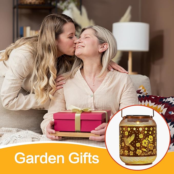 2 Pack Solar Lanterns Outdoor Waterproof Hummingbird Garden Decor Birthday Gifts for Women Mom Grandma Hanging Solar Lights Metal Decoration Outside for Yard, Patio, Backyard, Porch, Pathway
