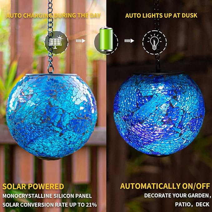 VCUTEKA Solar Lanterns Outdoor Waterproof - Hanging Solar Lights Garden LED Lanterns Mosaic Glass Design for Landscape Patio Yard Garden Pathway Decoration