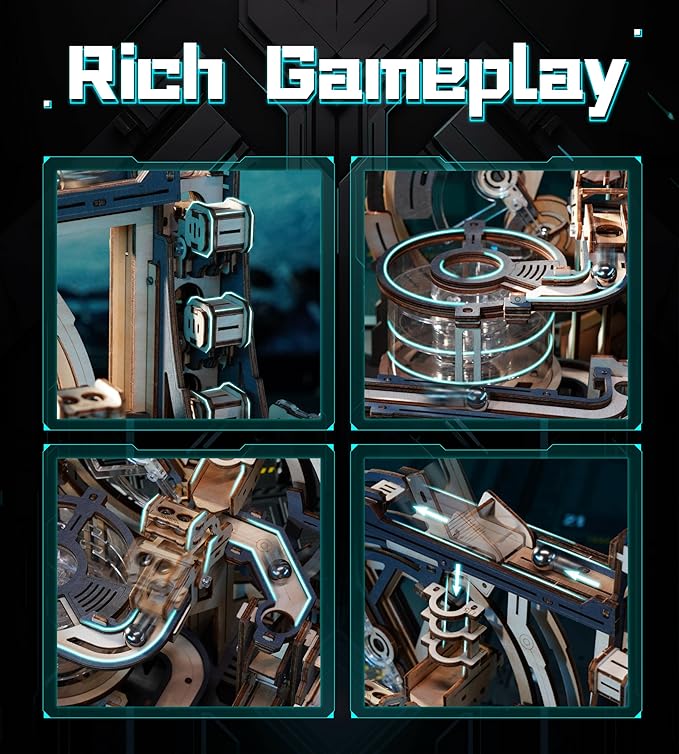 ROBOTIME Motorized Wooden Puzzles for Adults - 3D Puzzles for Adults LGC01 Marble Spaceport - Wooden Marble Run Model to Build - Space/STEM/Engineering Gift